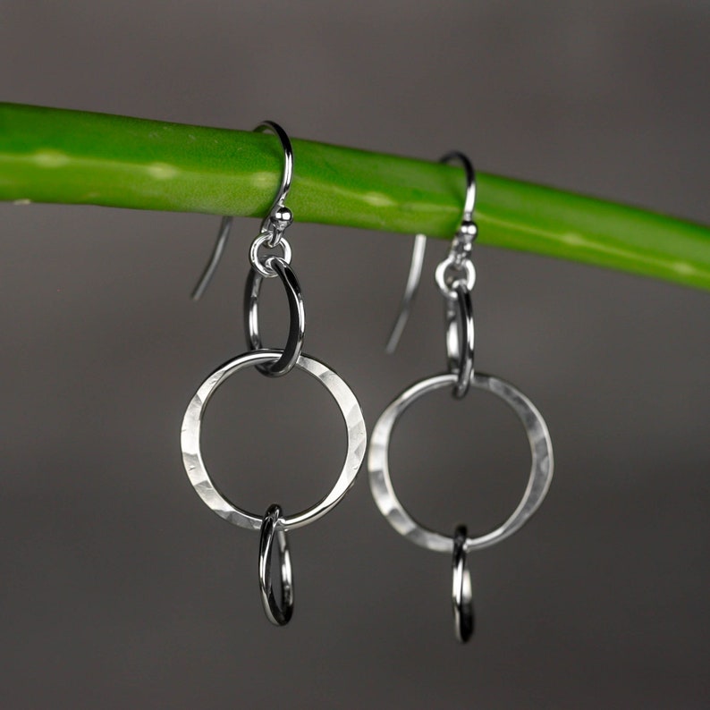 Simple Silver Circle Earrings, Hammered Silver Circle Earrings, Funky Everyday Earrings, Silver Earrings, Sterling Silver Dangle Earrings image 3
