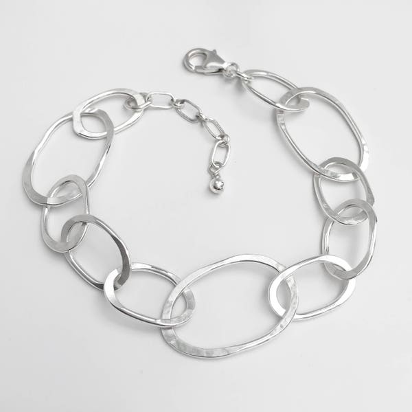 Chunky Silver Link Bracelet - Big Silver Chain Bracelet - Hammered Sterling Silver Jewelry