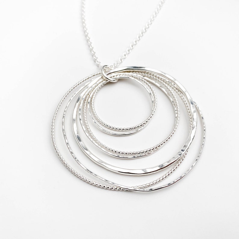 Statement Necklace Boho Artisan Silver Jewelry Long Sterling Silver Necklace -Cluster of Circles Pendant Necklace 30 Inch Silver Chain