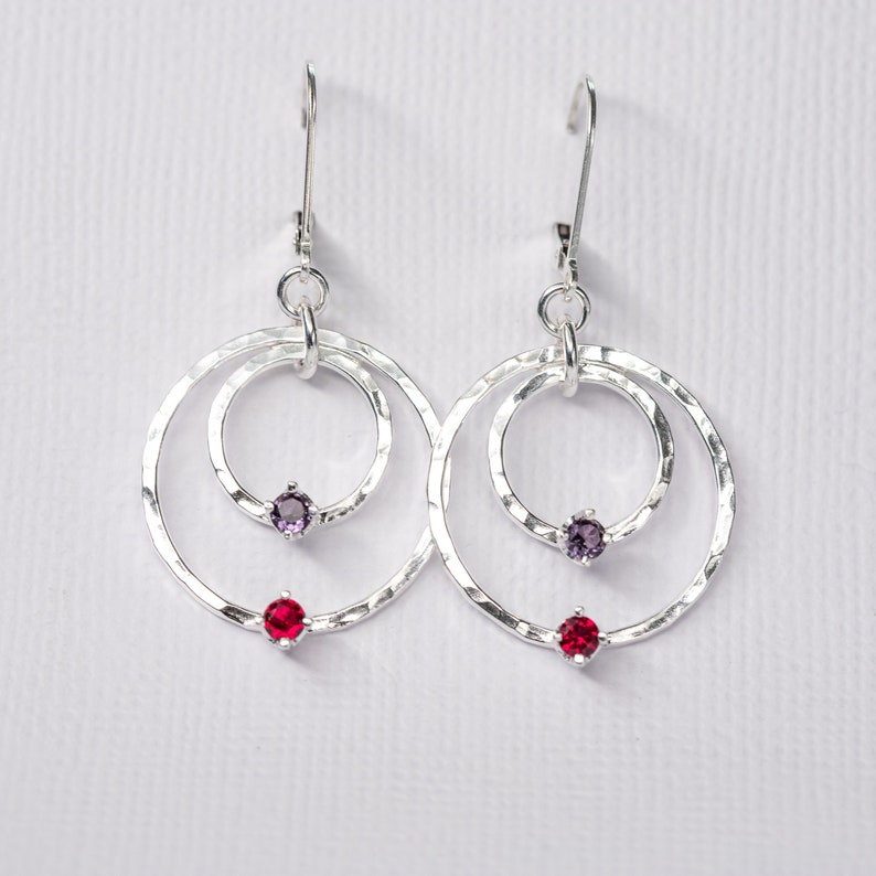 handmade mothers birthstone earrings.  Hammered sterling silver circle dangles with custom birthstones