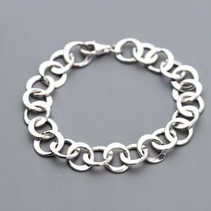 Heavy Handmade Sterling Silver Chain Bracelet, Unisex Adjustable Hammered Silver Bracelet, Chunky Silver Jewelry, Circle Link Handmade Chain