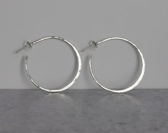 Hammered Silver 1.5” Hoop Earrings, Sterling Silver Hoop Earrings Medium, Silver Earrings, Hoops with Post, Handmade Jewelry Gifts for Her