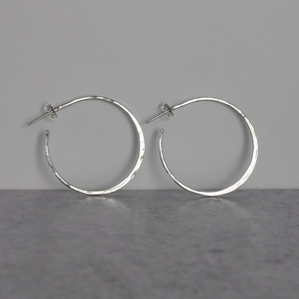 Hammered Silver 1.5” Hoop Earrings - Sterling Silver Hoop Earrings Medium - Silver Earrings - Hoops with Post