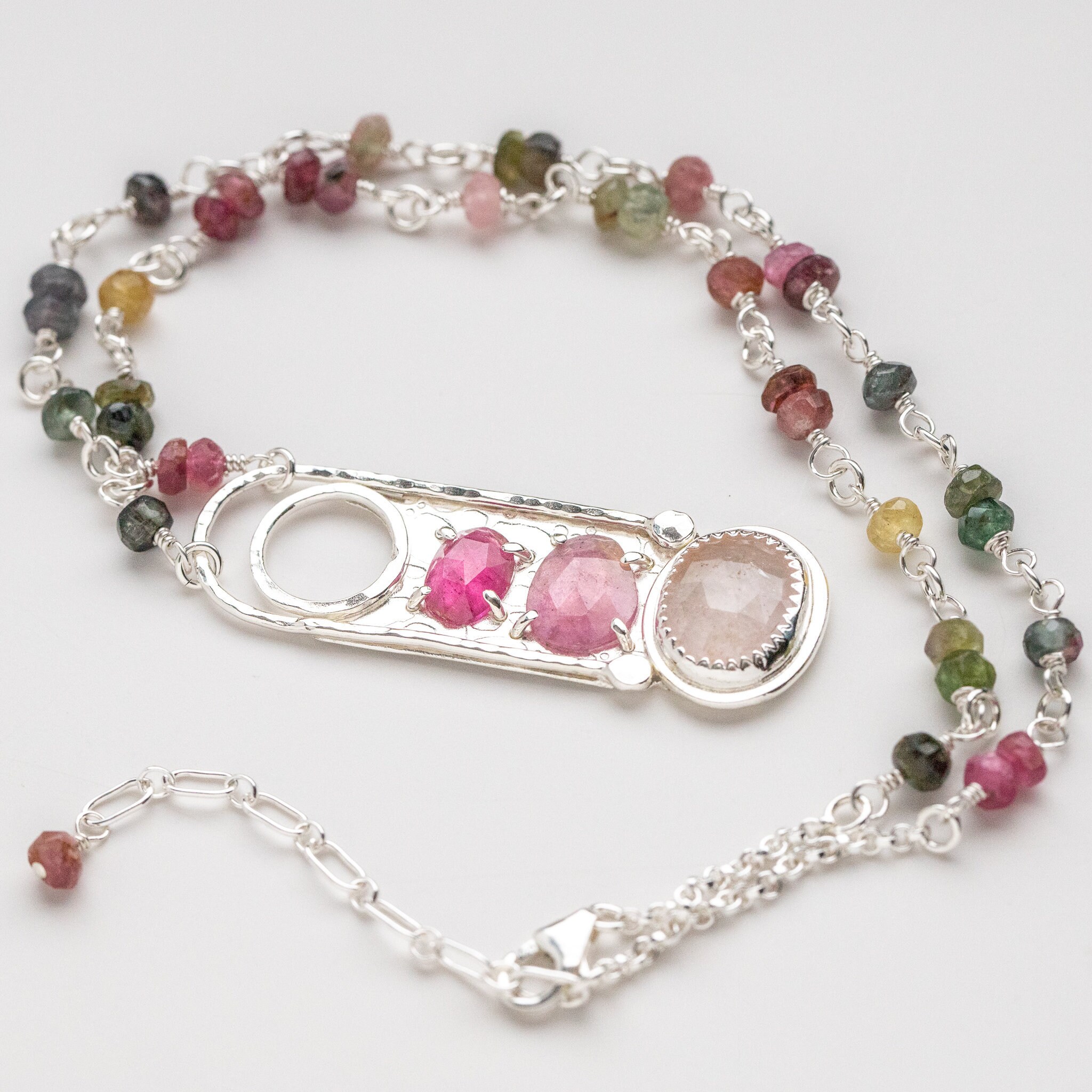 Pink Gemstone Pendant Necklace with Linked Tourmaline Chain