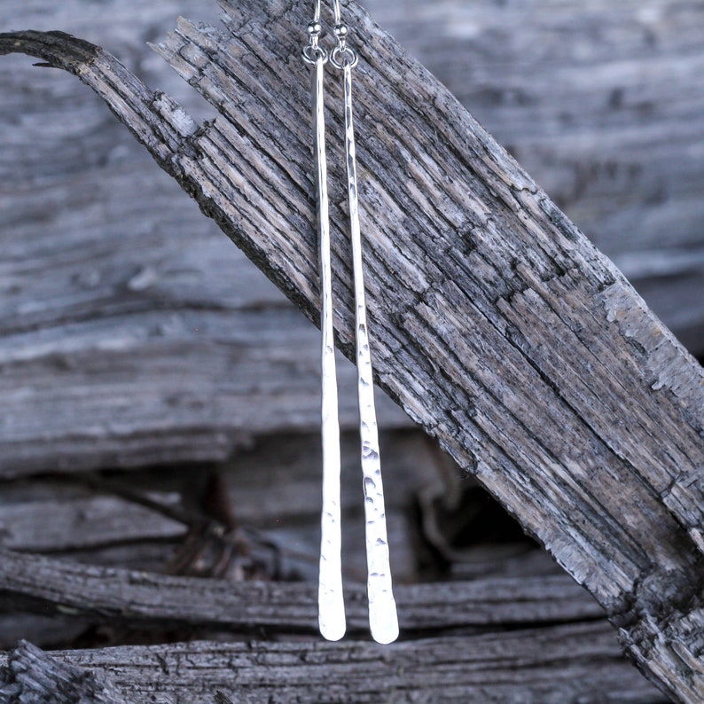 Long Hammered Silver Bar Earrings, Sterling Silver Bar Dangle Earrings, Silver Stick Earrings, Three Inch Silver Dangle Earrings image 4