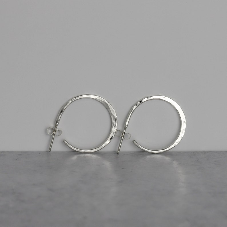 Small 1 Hoop Earrings Silver  Hammered Silver Earrings image 0
