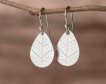 Handmade Argentium Sterling Silver Leaf Earrings: Oxidized Small Teardrop Dangles