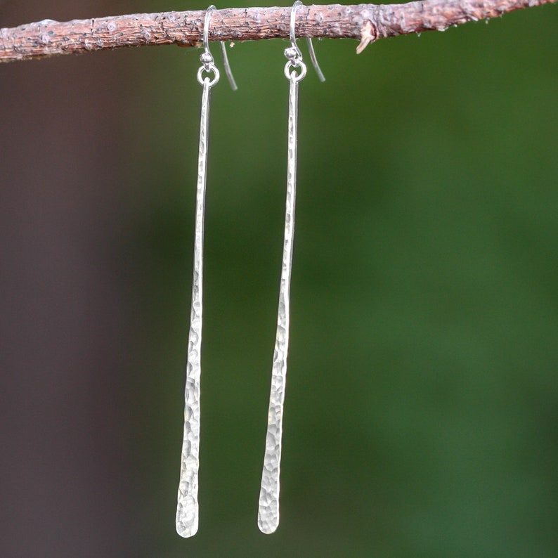 Long Hammered Silver Bar Earrings, Sterling Silver Bar Dangle Earrings, Silver Stick Earrings, Three Inch Silver Dangle Earrings image 6