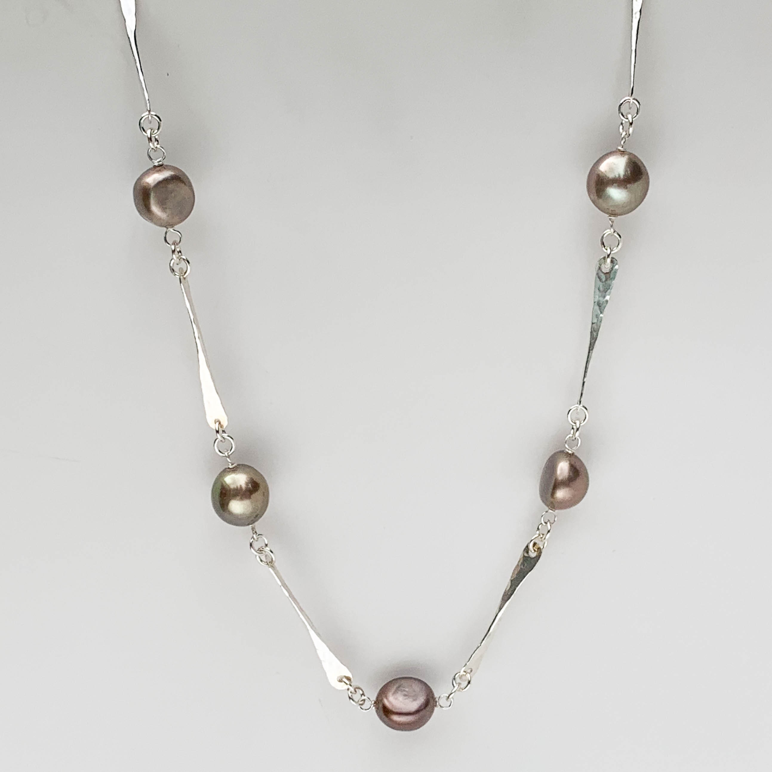 Chocolate Brown Pearl and Hammered Sterling Silver Bar Station Necklace