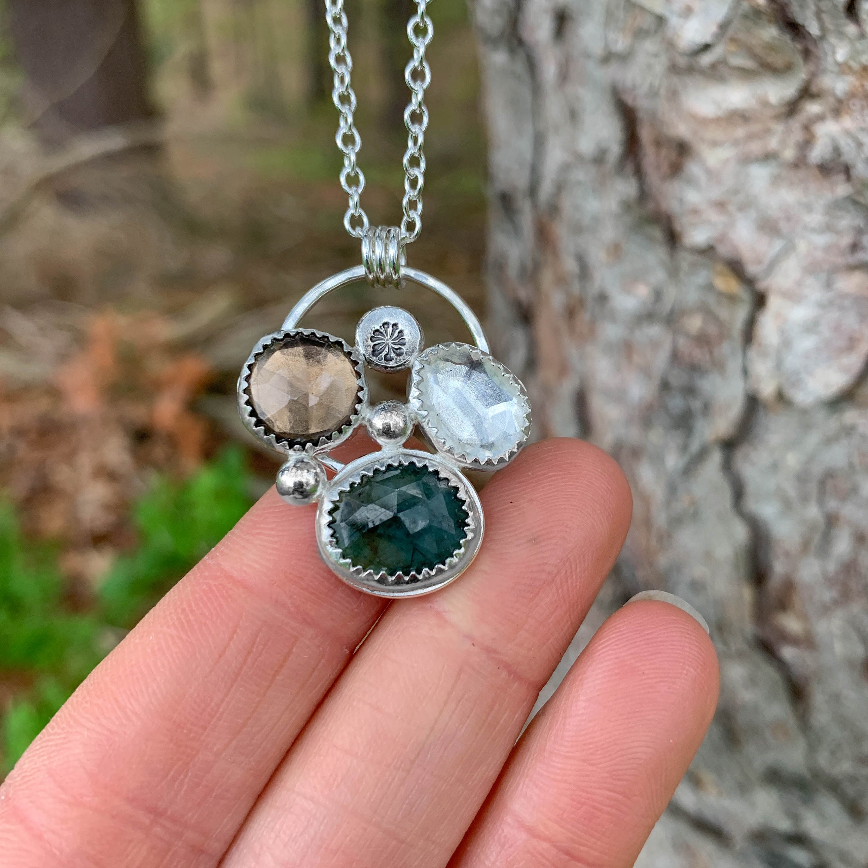Emerald Gemstone Cluster Pendant Necklace
