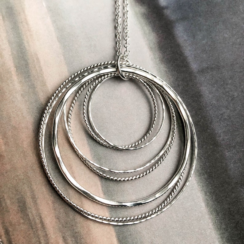 Statement Necklace Boho Artisan Silver Jewelry Long Sterling Silver Necklace -Cluster of Circles Pendant Necklace 30 Inch Silver Chain