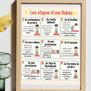 May include: A framed print with a light wood finish, featuring a guide in French on the steps of a Rak'ah prayer. The guide includes numbered steps with illustrations of a person in prayer positions and accompanying text.