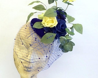 Vintage Indigo Blue Yellow Flower Floral Wired Burlesque Wedding Headpiece Fascinator Hat Accessory