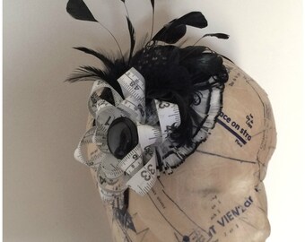 OOAK ‘Monochrome Measurements’ Black and White Tape Measure Flower Fascinator Head Piece Hat