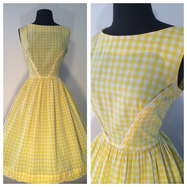 1950's Yellow Gingham Garden Party Dress Size M