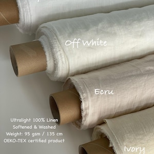 May include: Four rolls of ultralight 100% linen fabric in various shades: Optical White, Off White, Ecru, and Ivory. The fabric is softened, washed, and OEKO-TEX certified. Weight is 95 gsm, and the width is 135 cm.