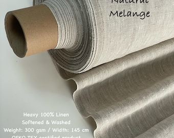 300 GSM Natural Melange Linen European Flax Heavyweight Softened Linen Fabric by the yard or meter for upholstery & home decor OEKO-Tex