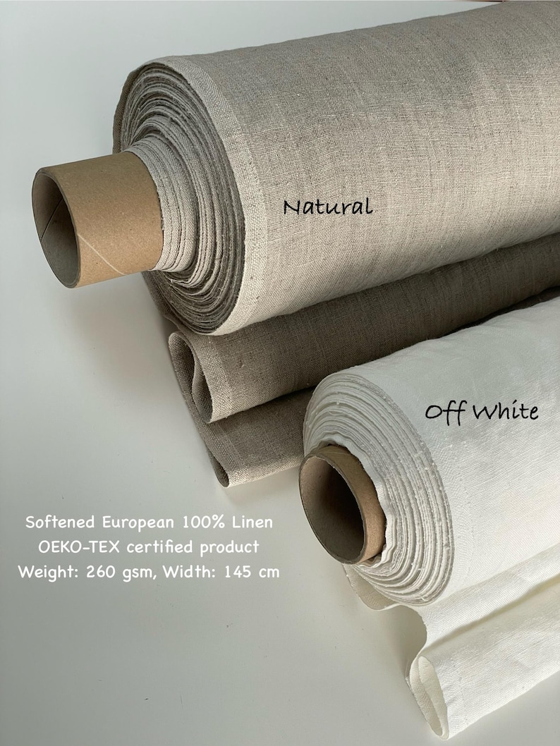 May include: Two rolls of 100% linen fabric, one in natural beige and one in off-white. The fabric is Oeko-Tex certified, weighs 260 gsm, and is 145 cm wide.