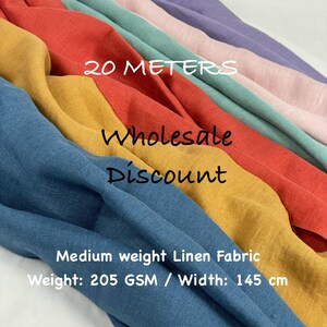 May include: A collection of medium weight linen fabric in blue, mustard yellow, red, teal, light pink, and purple. The text reads 20 METERS, Wholesale Discount, Medium weight Linen Fabric, Weight: 205 GSM / Width: 145 cm. The fabric is folded.