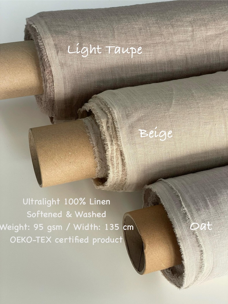 Op de afbeelding: Drie rollen ultralichte 100% linnen stof in de kleuren Light Taupe, Beige en Oat. De stof is verzacht en gewassen, met een breedte van 135 cm. De afbeelding bevat de tekst "OEKO-TEX certified product."
