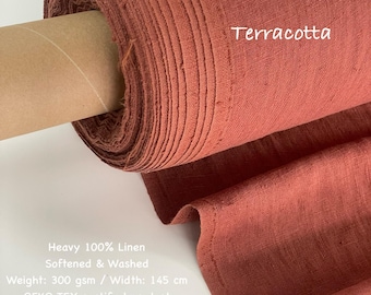 Heavyweight Terracotta Linen Fabric: 100% European Flax, Soft & Washed , 300 GSM