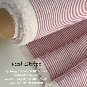 Witte linnenstof met rode strepen, op maat gesneden, 3 mm streepbreedte, gewassen en verzacht, 100% lichtgewicht linnen, 130 g/m², geschikt voor jurken, overhemden en woondecoratie.