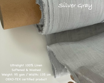 May include: A roll of silver gray ultralight 100% linen fabric. The fabric is softened, washed, and weighs 95 gsm. The width of the fabric is 53 inches. The product is OEKO-TEX certified.