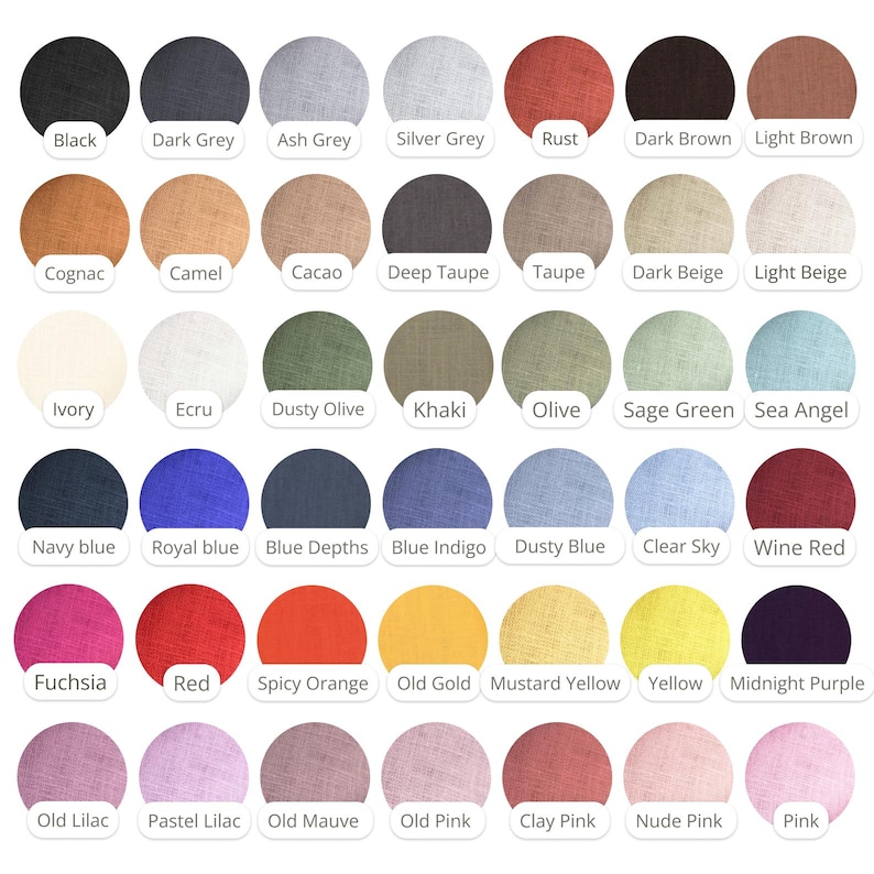 May include: A color chart featuring forty-two circular fabric swatches with a visible linen-like texture. Each circle is labeled with its corresponding color name, including black, grey, brown, beige, green, blue, red, yellow, purple, and pink.