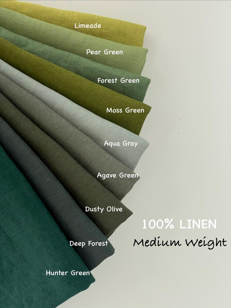 May include: A collection of 100% linen fabric swatches in medium weight, arranged in a fan pattern. Colors include Limeade, Pear Green, Forest Green, Moss Green, Aqua Gray, Agave Green, Dusty Olive, Deep Forest, and Hunter Green with labels.