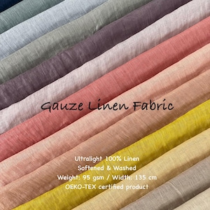 Puede incluir: Una colección de tela de lino tipo gasa doblada en varios colores, incluyendo azul marino, gris, salvia, ciruela, rosa, melocotón, amarillo y beige. El texto dice: Gauze Linen Fabric, Ultralight 100% Linen, Softened & Washed, Weight: 95 gsm / Width: 135 cm, OEKO-TEX certified product.