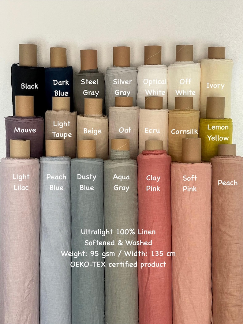 May include: A display of rolled linen fabric in various colors, including black, blue, gray, white, and pink. The text indicates the fabric is ultralight 100% linen, softened, and washed, with a weight of 95 gsm and a width of 135 cm. It is an OEKO-TEX certified product.