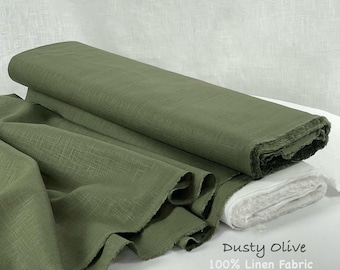 Dusty Olive Linen Fabric: 100% Enzyme Washed Flax by Yard