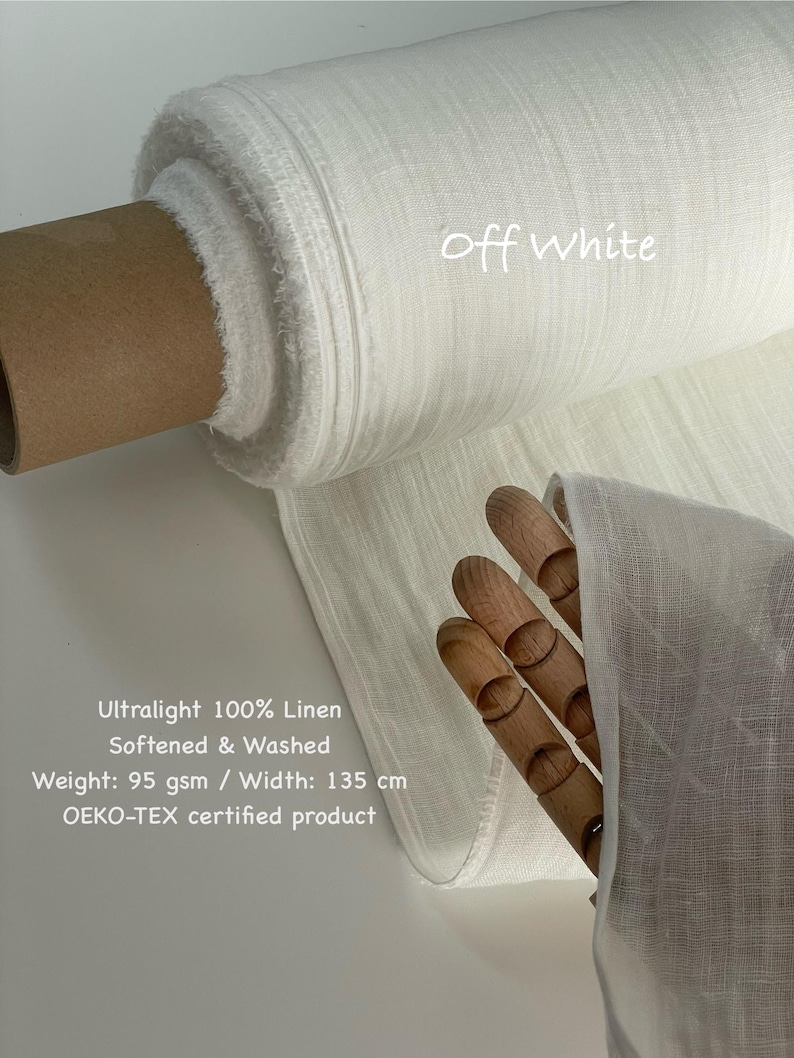 May include: A roll of off-white, ultralight 100% linen fabric. The fabric is softened and washed, with a weight of 95 gsm and a width of 135 cm. The text "Off White" is written on the fabric. The product is OEKO-TEX certified.