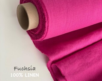 Fuchsia Red Linen Fabric European Flax 205 gsm Washed Softened for Sewing, Bedding, Clothing