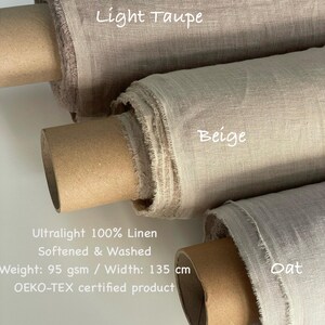 May include: Three rolls of ultralight 100% linen fabric in Light Taupe, Beige, and Oat colors. The fabric is softened and washed, with a width of 135 cm. The image includes the text "OEKO-TEX certified product."