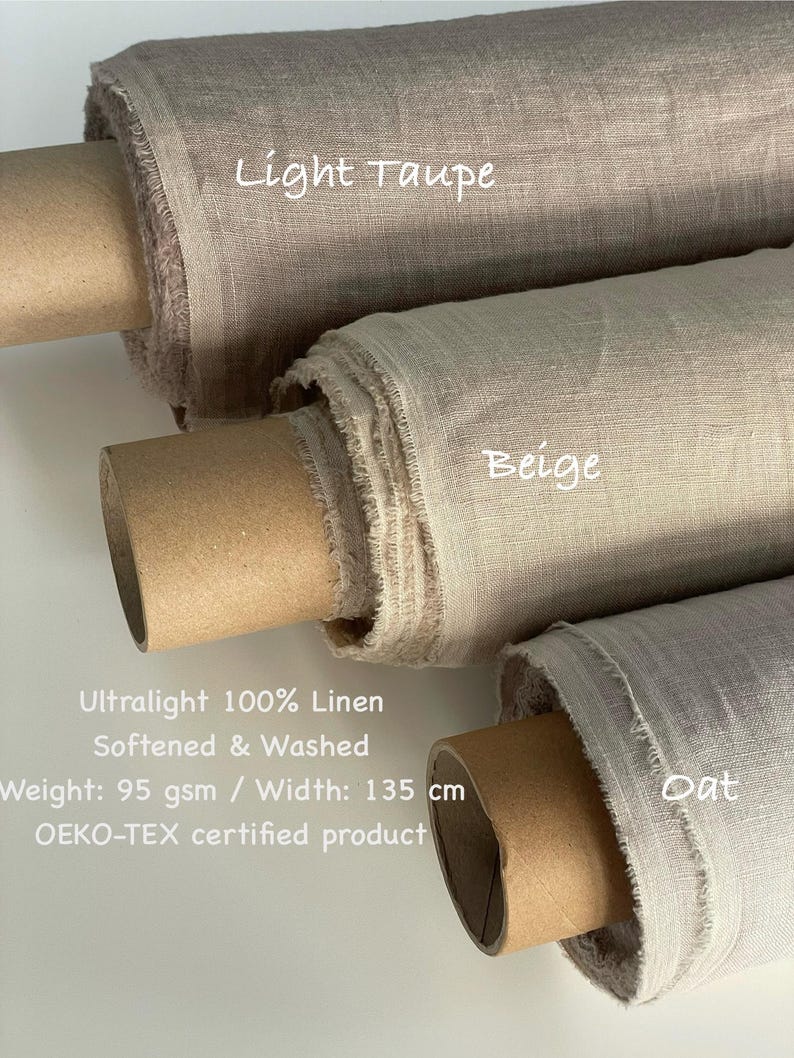 May include: Three rolls of ultralight 100% linen fabric in Light Taupe, Beige, and Oat colors. The fabric is softened and washed, with a width of 135 cm. The image includes the text "OEKO-TEX certified product."