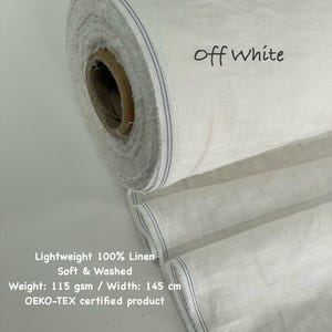 Puede incluir: Un rollo de tela de lino 100% blanquecina. La tela es ligera, suave y lavada. El ancho es de 145 cm. El texto "off white" est&aacute; escrito en la tela. La tela es un producto certificado OEKO-TEX.