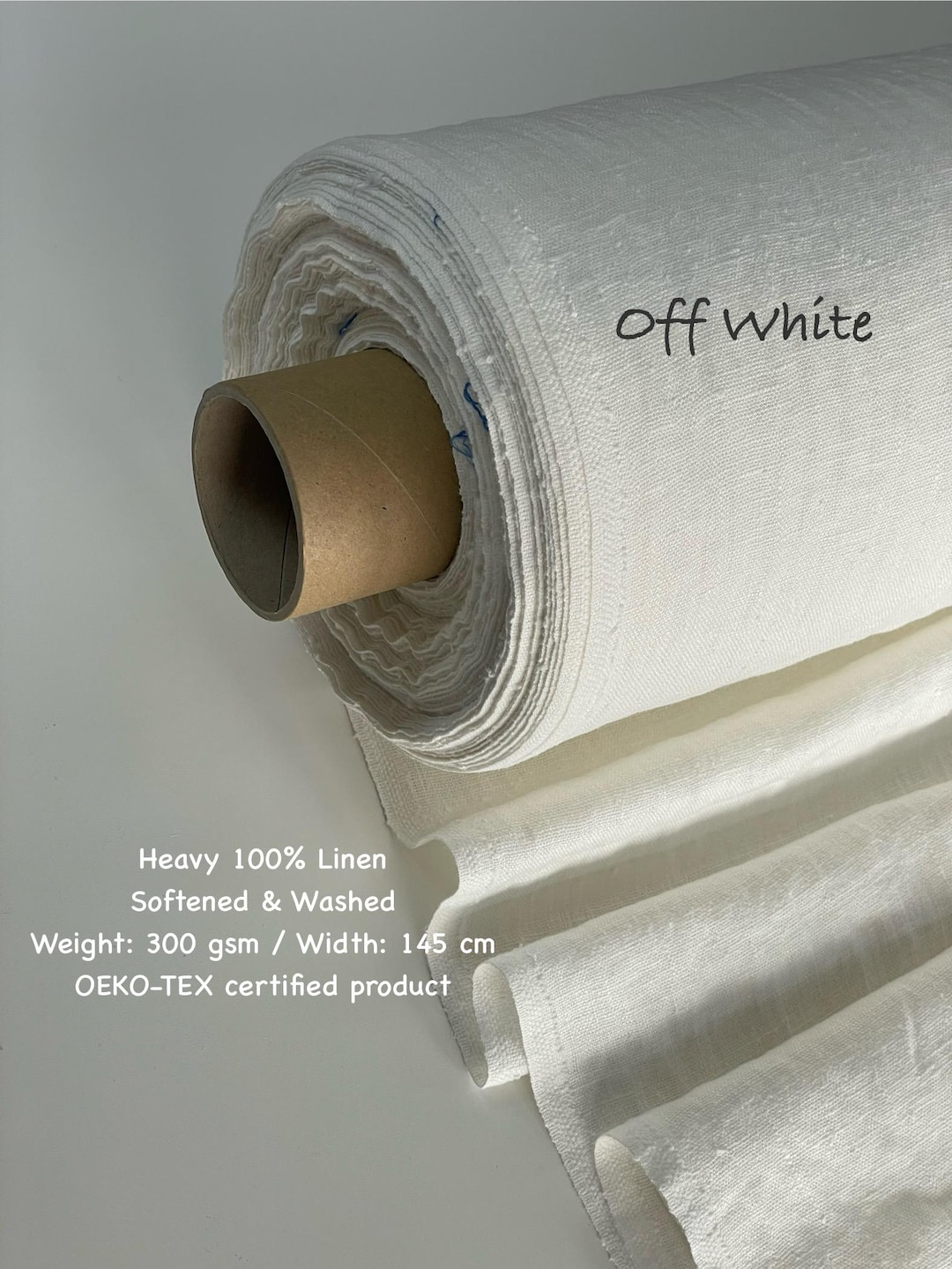 300 GSM White Washed Linen Heave Fabric: 100% European Flax, Oeko