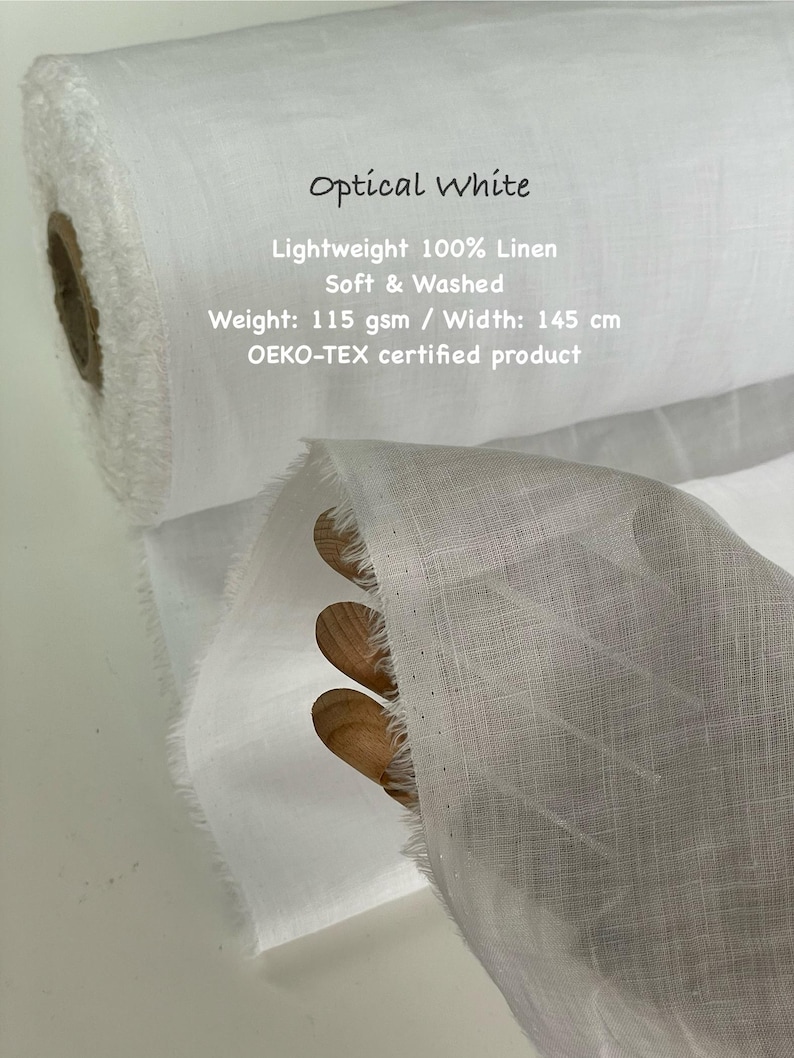 Puede incluir: Rollo de tela de lino 100% blanco &oacute;ptico, ligero. La tela es suave y lavada, con un peso de 115 g/m&sup2; y un ancho de 145 cm. El texto "Optical White" se muestra en la imagen. Producto certificado OEKO-TEX.