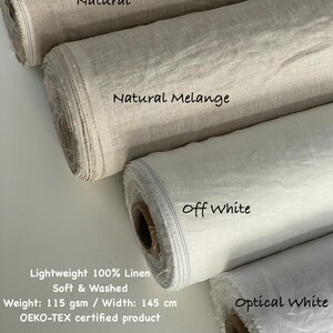 Puede incluir: Cuatro rollos de tela de lino en tonos Natural, Natural Melange, Off White y Optical White. La tela es ligera, suave y lavada, con un ancho de 145 cm. La imagen tambi&eacute;n incluye el texto "Lightweight 100% Linen Soft & Washed".