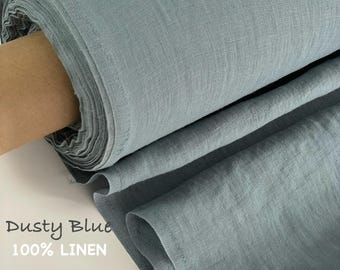 Tela de lino color azul empolvado, lavada y suave, lino orgánico europeo cortado a medida. Lino de peso medio para coser vestidos, ropa de cama y decoración del hogar.