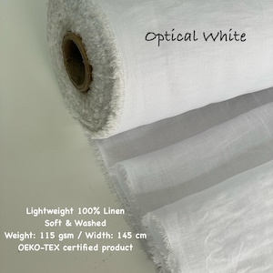 Puede incluir: Un rollo de tela de lino blanco, etiquetado como "Optical White". La tela es ligera, suave y lavada, con un peso de 115 g/m&sup2; y un ancho de 145 cm. Producto certificado OEKO-TEX.