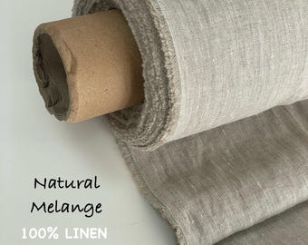 May include: A roll of natural melange 100% linen fabric with a visible woven texture and frayed edges. The fabric is wrapped around a brown cardboard tube. The text "Natural Melange 100% LINEN" is printed on the left side of the image.