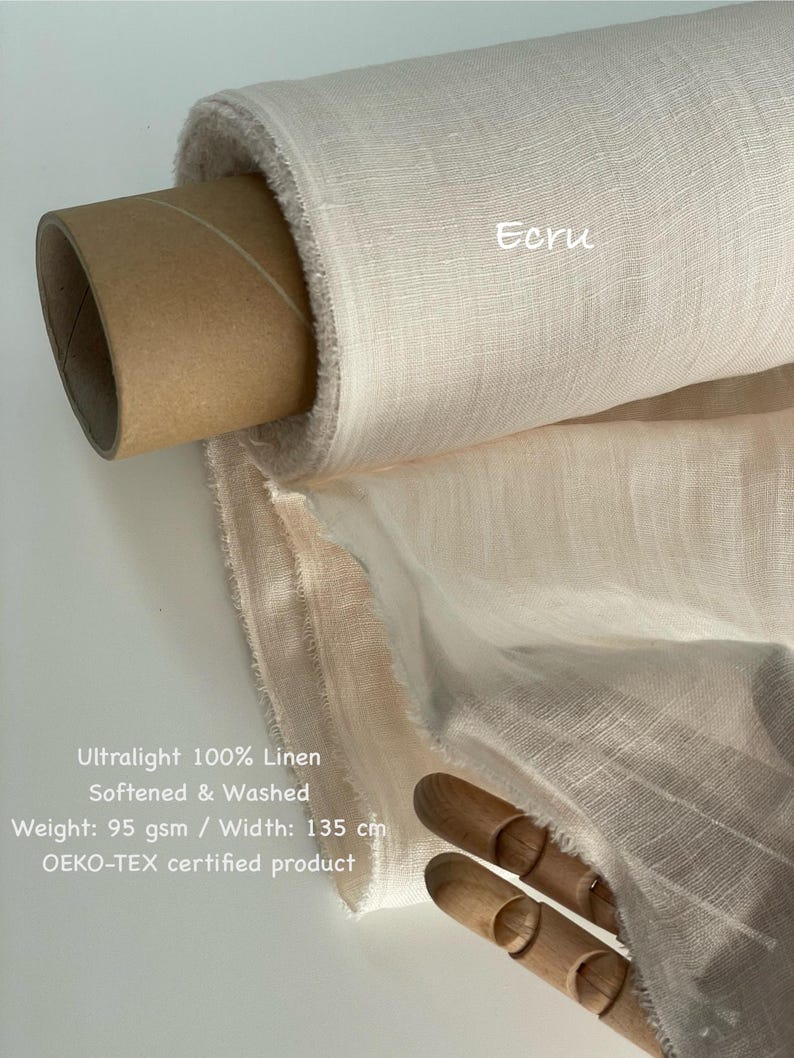 May include: A roll of ecru-colored ultralight 100% linen fabric. The fabric is softened and washed, with a weight of 95 gsm and a width of 135 cm. The product is OEKO-TEX certified.