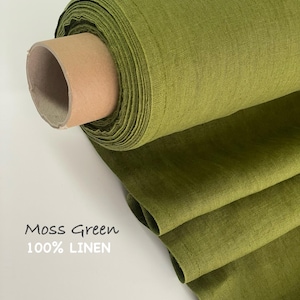 European Linen Fabric Moss Green , Washed Soft, 100% Flax, Medium Weight 205 GSM, OEKO-TEX Certified, 60+ Colors