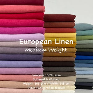 Linho europeu macio, gramatura média (205 g/m²), puro linho pré-lavado, certificado OEKO-TEX para vestuário (vestidos, camisas e calças), vendido por metro.