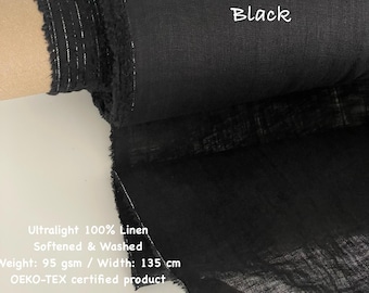 Black thin linen gauze fabric European flax softened washed linen cheesecloth fabric for curtains delicate home textile and scarves 95 gsm