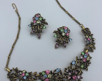 Vintage Coro Rhinestone Demi Parure: Multicolor Floral Necklace & Earrings