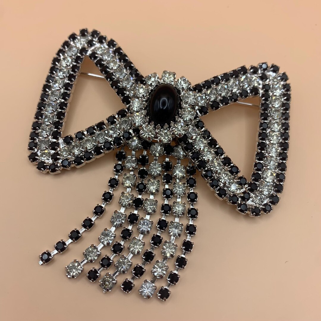 Dramatic Vintage Black & White Rhinestone Bow Brooch - Etsy