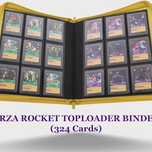 May include: A yellow zippered trading card binder open to display eighteen individual card slots filled with illustrated cards. The text below the binder reads FORZA ROCKET TOPLOADER BINDERS (324 Cards) in purple capital letters against a white background.